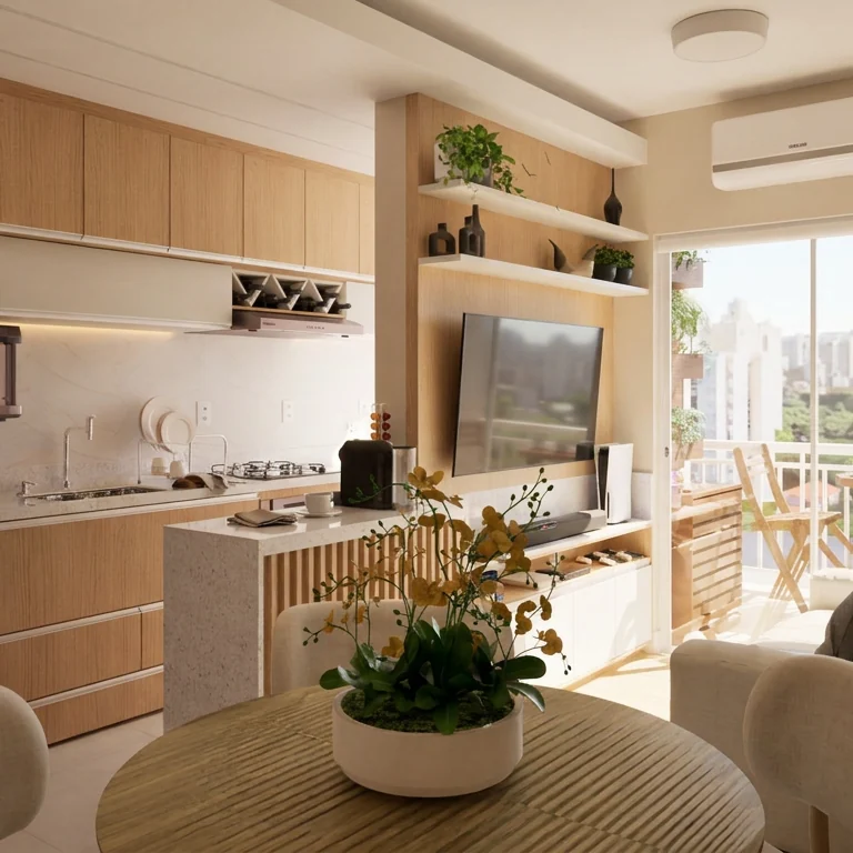 Cozinha e sala integradas do Apartamento L|D, 45m², Ananindeua/PA